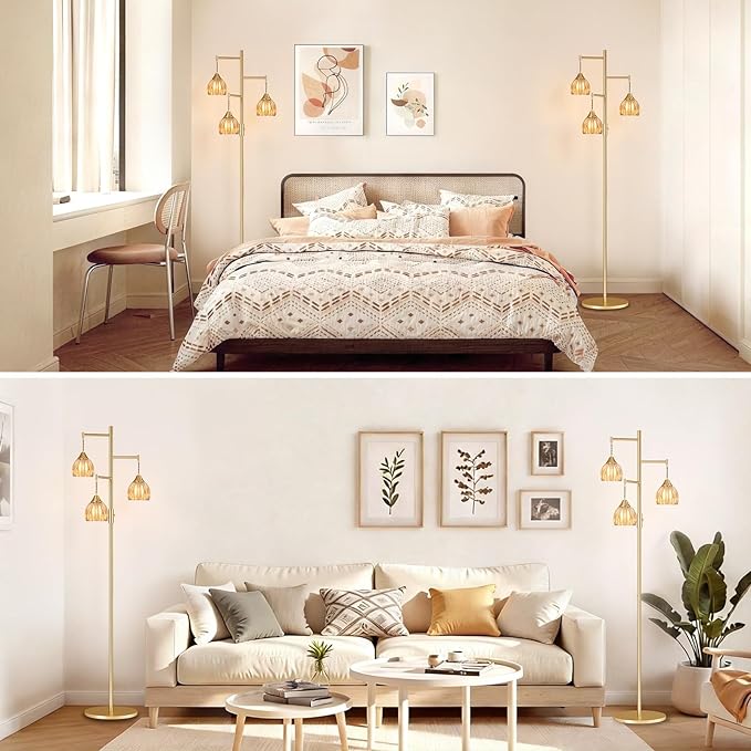 Dimmable Floor Lamp for Living Room, Bedroom, Gold Standing Lamp with 3pcs 6W Bulbs, Vintage Brass Floor Lamps for Corner, Nursery (Amber Tulip)