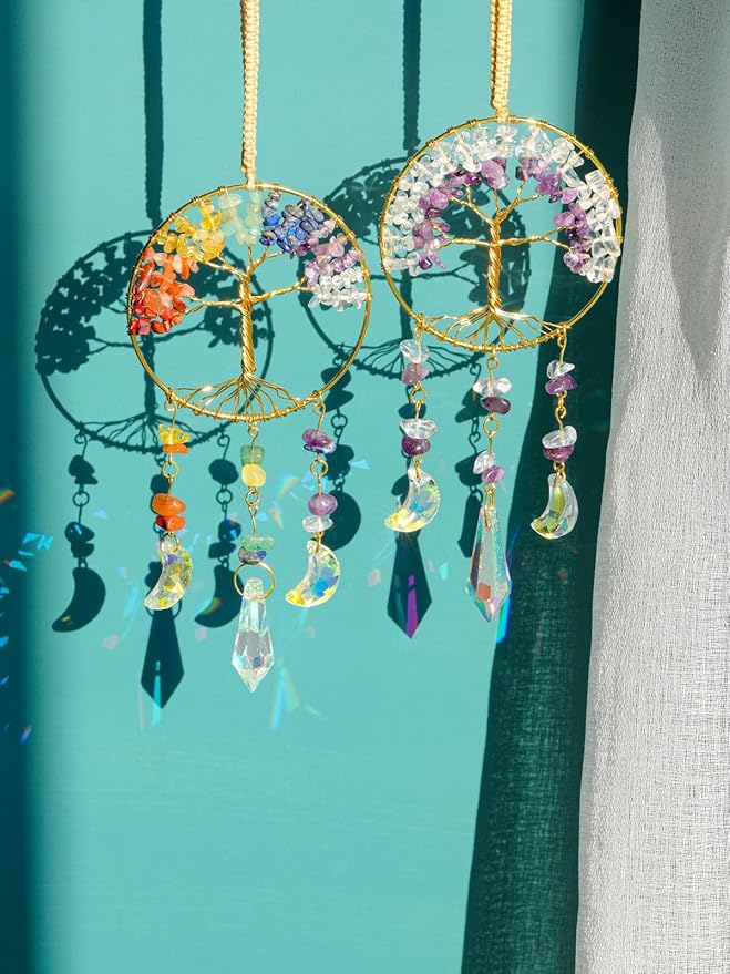 CrystalTears Chakra Crystal Tree Life Hanging Ornament Handmade 7 Chakra Healing Crystal Gemstone Glass Suncatcher for Home Window Wall Decoration Crystals Gifts for Women Men Friends