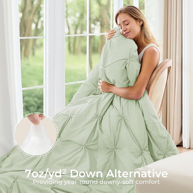 Sasttie California King Comforter Set, 7-Piece Bed in a Bag, Pintuck Bedding Sets for All Season, Includes Comforter, Flat Sheet, Fitted Sheet, Pillowcases and Pillowshams, Mint