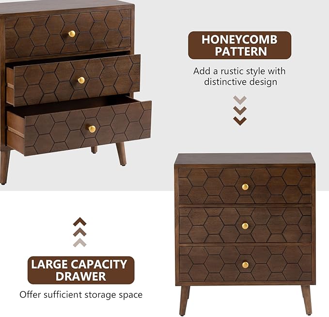 COSIEST Modern End Table w 3 Storage Drawers, Night Stand w Honeycomb Pattern, Small Wood Chest, Accent Cabinet for Bedroom, Living Room