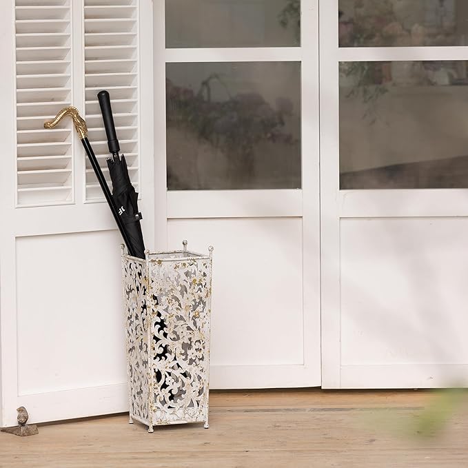 Vintage Metal Umbrella Holder Decorative Flower Design Square Umbrella Stands Entryway Organizer Bucket for Home/Office/Farmhouse - Holds Multiple Umbrellas, Walking Sticks & Canes (White)