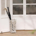 Vintage Metal Umbrella Holder Decorative Flower Design Square Umbrella Stands Entryway Organizer Bucket for Home/Office/Farmhouse - Holds Multiple Umbrellas, Walking Sticks & Canes (White)