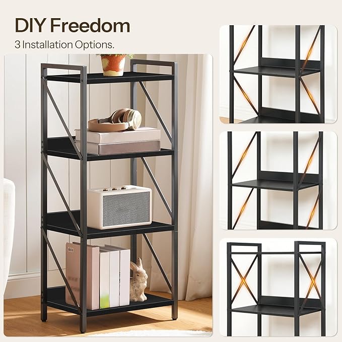HOOBRO Bookshelf, 4-Tier Industrial Bookcase, Book Shelf Storage Organizer, Small Bookshelf with Metal Frame for Living Room, Bedroom, Home Office, Kitchen, Black BB40SJ01