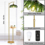 Arc Floor Lamp with Table and Shelves,Gold Floor Lamp for Living Room Glass Floor Lamps with Remote Control & 3 Color Temperature,Dimmable Standing Lamp Tall Flower Floor Lamps for Bedroom Corner