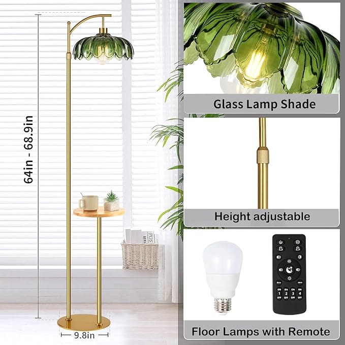 Arc Floor Lamp with Table and Shelves,Gold Floor Lamp for Living Room Glass Floor Lamps with Remote Control & 3 Color Temperature,Dimmable Standing Lamp Tall Flower Floor Lamps for Bedroom Corner