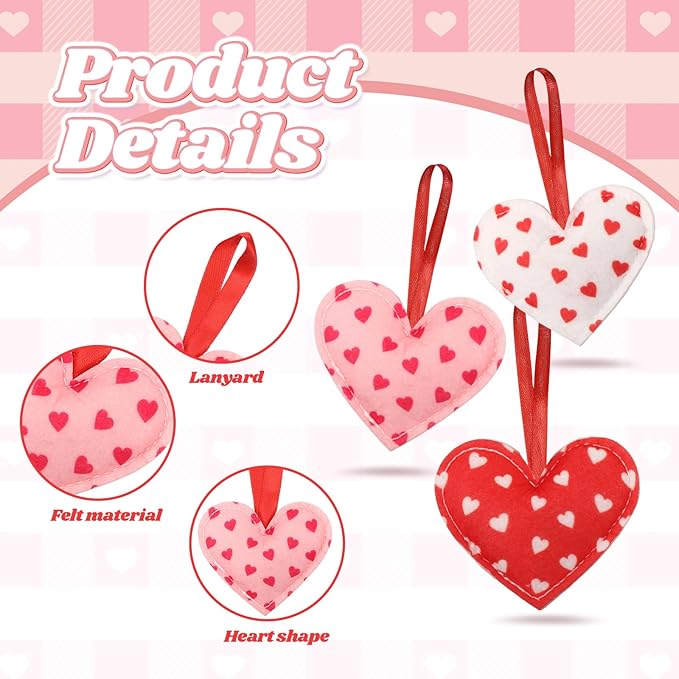 Syhood 12 Pcs Valentine's Day Felt Heart Ornaments Hanging Tree Decor for Wedding, Anniversary, Christmas Party Supplies, Winter Home Decorations(Pink and Red,Simple Style)