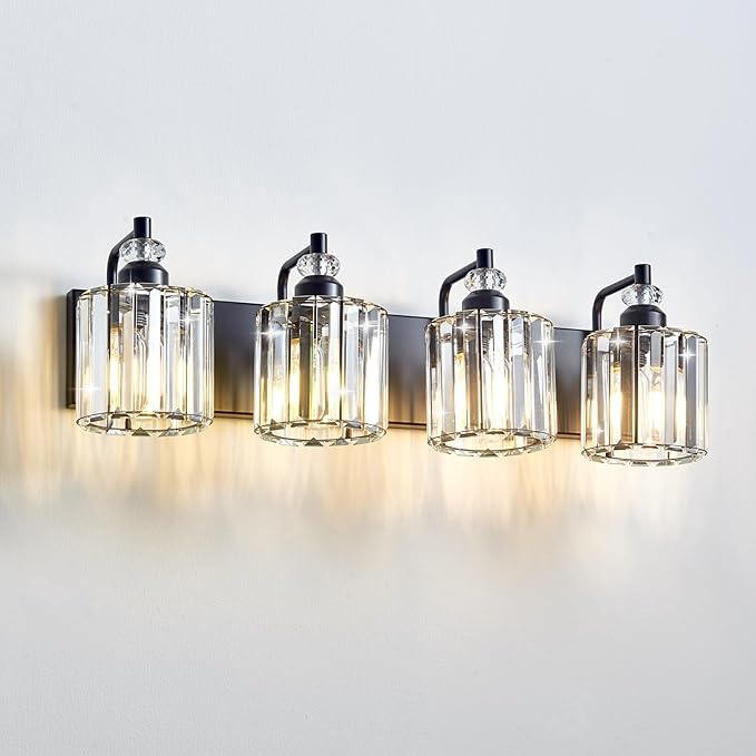 4-Light Black Bathroom Light Fixtures Over Mirror Modern Vanity Lights Crystal Wall Sconce Vintage Bathroom Lighting with Crystal Shade E26 Base for Bedroom, Living Room, Hallway