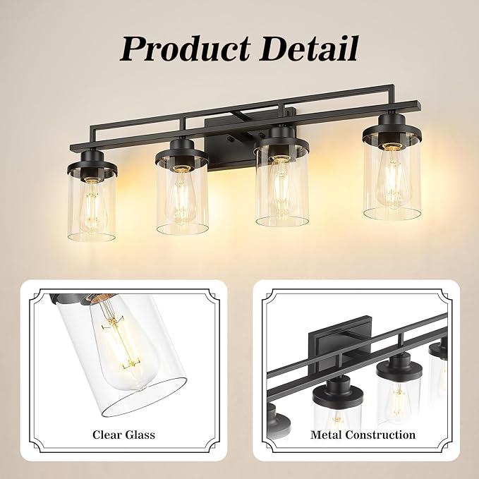 Emliviar 4 Light Vanity Lights Over Mirror with Clear Glass, 29.3" Matte Black Bathroom Vanity Lighting for Living Room, YCE238B-4W BK