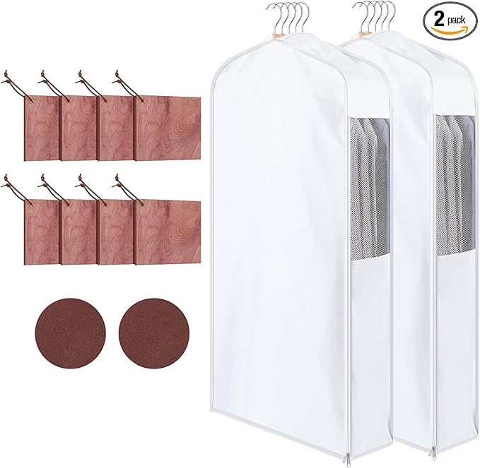 2 Set 40in Short Cotton Garment Bags, 10in Wide Gusset Hanging Storage Clothes with 8 Cedar Blocks, Transparent Mesh Window, Breathable Closet Bags for Fur Coat Suit Sweater Dress, White