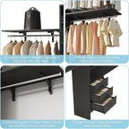 Flrrtenv 8FT Closet System, 96'' Closet Organizer System with 3 Hanging Rods, Wall Mount Bedroom Wardrobe with 3 Drawers Walk-in Closet, Adjustable Cloth Garment Rack from 5 to 8FT (Cut to Fit), Black