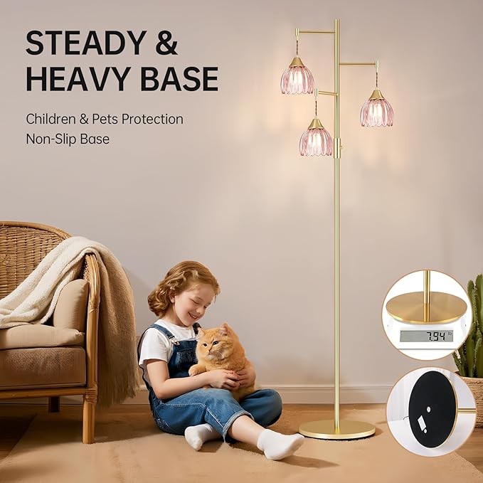Dimmable Floor Lamp for Living Room, Bedroom, Gold Standing Lamp with 3pcs 6W Bulbs, Vintage Brass Floor Lamps for Corner, Nursery (Pink Tulip)