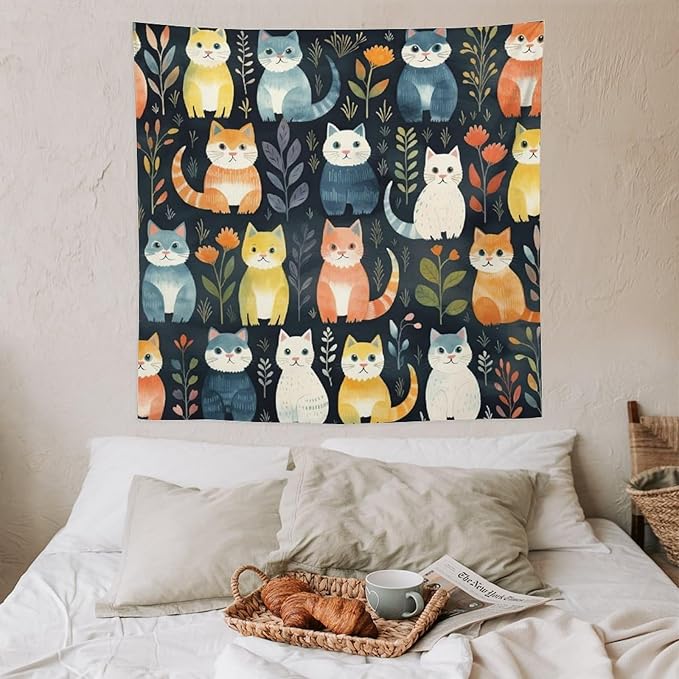 VUMIVI Cartoon Abstract Cat Tapestry Fun Cute Animals Plants Bohemian Modern Art Color Illustration Tapestry Wall Hanging for Living Room Bedroom Dorm Classroom Aesthetic Decor W60xL60in