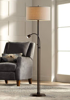 Possini Euro Design Traverse Modern Floor Lamp with Gooseneck Reading Light LED 64" Tall Oil Rubbed Bronze Metal Oatmeal Fabric Drum Shade Decor for Living Room Reading House Family Bedroom Home