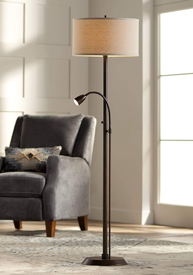 Possini Euro Design Traverse Modern Floor Lamp with Gooseneck Reading Light LED 64" Tall Oil Rubbed Bronze Metal Oatmeal Fabric Drum Shade Decor for Living Room Reading House Family Bedroom Home