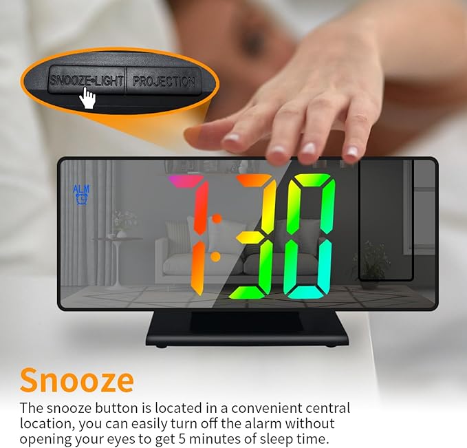 Projection Alarm Clock for Bedroom, Digital Smart Clock with 180° Rotatable Projector, 3 Level Brightness Dimmer, Clear LED Color Display, Digital Alarm Clock for Bedroom