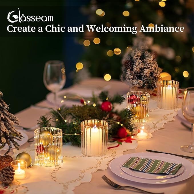 Glasseam Ribbed Glass Candle Holder: Set of 6 Clear Hurricane Candle Holder Cylinder Candle Holders for Pillar Candles Decorative Floating Candle Vases for Centerpieces Wedding Table Decoration 3.94’’