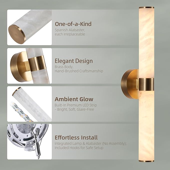 23.8in Gold Alabaster Wall Sconces Set of 2, Modern Brass Bathroom Sconce Light, Spanish Marble Wall Lamp, Hardwired LED Wall Lighting for Bedroom Living Room Staircase Hallway Dining Room