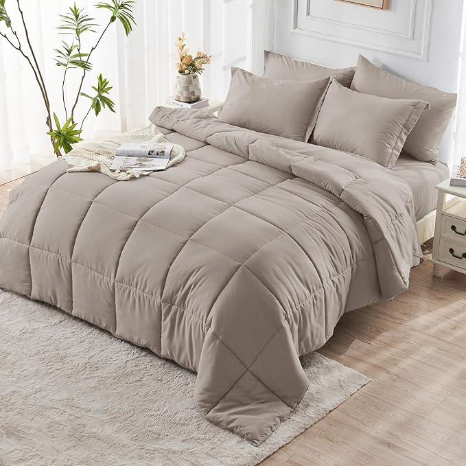 JOLLYVOGUE Full Comforter Set, Ultra-Soft Bed in a Bag Full Size 7 Pieces, Oeko-TEX Certified Bedding Set with Down Alternative Comforter, Sheets, Pillowcases & Shams, Khaki