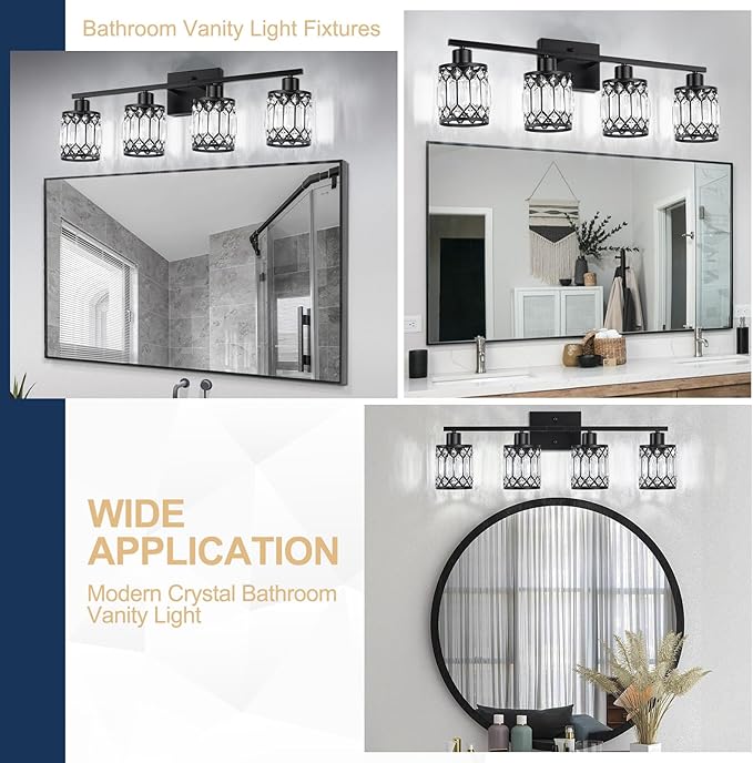 Crystal Modern Bathroom Light Fixtures, 4-Light Black Bathroom Vanity Wall Light, Vanity Lights for Mirror, Restroom, Bedroom (E26 Socket, Bulbs Not Included)