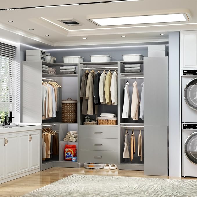 Aheaplus Closet System with 3 Drawers, 5 Hanging Rods & Corner Tower, Corner Closet System with Hanging, 88.8" U-Shaped Walk-In Wardrobe Organizer, 2000+ lbs Capacity, Set of 3,Grey