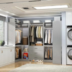 Aheaplus Closet System with 3 Drawers, 5 Hanging Rods & Corner Tower, Corner Closet System with Hanging, 88.8" U-Shaped Walk-In Wardrobe Organizer, 2000+ lbs Capacity, Set of 3,Grey
