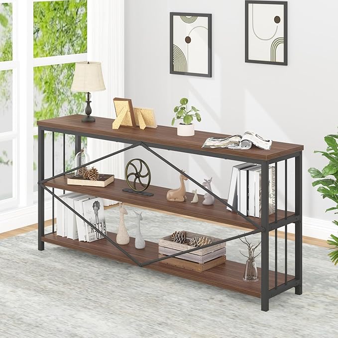 IBF Walnut Low Wide Bookcase, Vintage 63 Inch Long 3 Tier Open Book Shelf, Farmhouse Big Wood Metal Sturdy Bookshelf Display Case, Simple Large Etagere Bookshelves for Home Living Room Office Bedroom