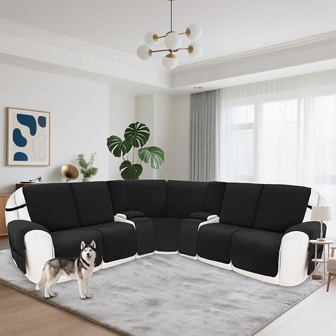 Reclining Sectional Couch Covers 100% Waterproof Velvet L Shape Recliner Couch Covers for Sofa Pets Washable Anti Slip Recliner Slipcovers with Pockets (5 Seat Sofa with 2 Console, Black)