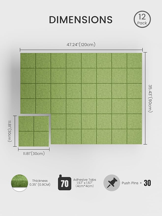 Bumusty Large Felt Bulletin Board, 48" x 36" Cork Board Alternative, 12-Pack Wall Tiles with 4-Compartment Design, 30 Push Pins, 70 Adhesive Tabs, Ideal for Office & Home Decor, Kelly Green