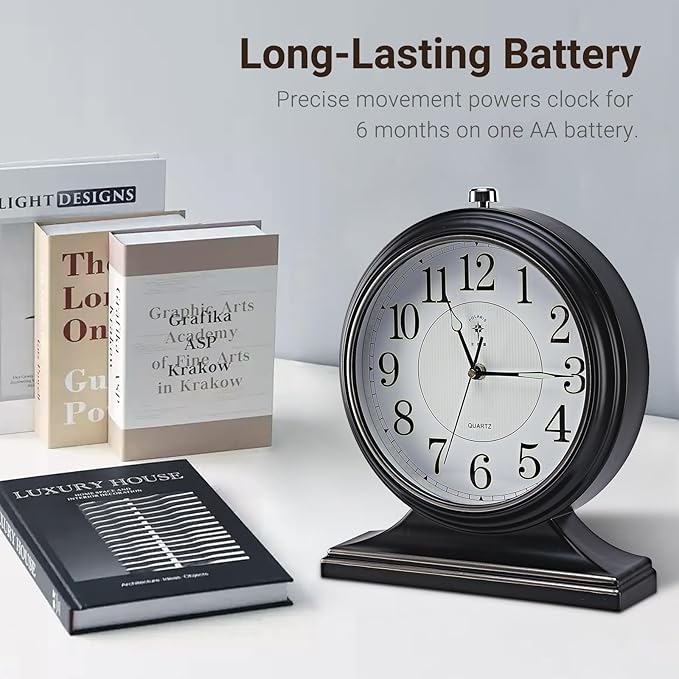 10-inch Vintage Mantel Desk Clock, Silent Desk Clock for Living Room Décor, Easy to Read Larege Retro Mantel Clocks for Fireplace and Shelf Decoration.(Black)