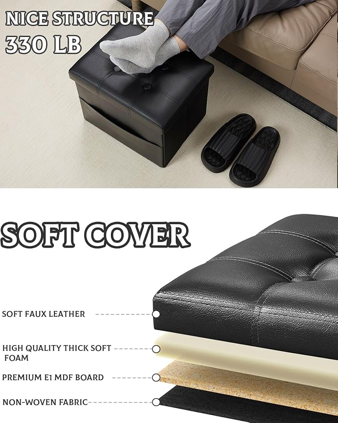 Ottoman with Storage Foot Stool - 17 Inches Folding Storage Ottomans, Leather Upholstered Ottoman Foot Rest with Side Pockets, Suitable for Living Room, Bedroom, Cafe