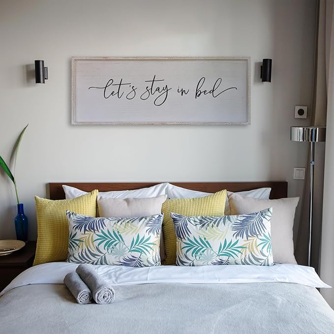 Surfapans Lets Stay In Bed Wall Decor 40”X15” Large Farmhouse Master Room Above Over Bed Rustic Guest Room Sign Beautiful And Simple Plaque Hanging Wall Art Decoration (White)