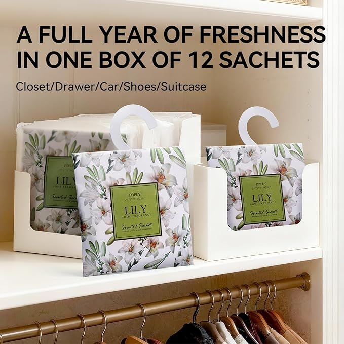 12 Pack Large Lily Scented Sachets – Hanging Closet & Drawer Deodorizer & Air Freshener, Long-Lasting Aroma