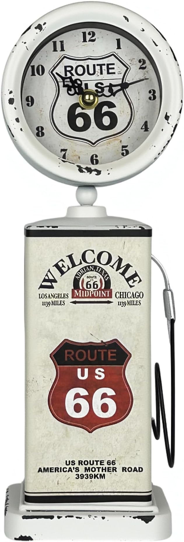 Lily's Home Old Fashioned Route 66 Gas Pump Mantle Clock, Silent-Non-Ticking with Quartz Movement, Makes an Ideal Gift for Antique Sign Collectors, White (13 1/2" x 4 3/4")