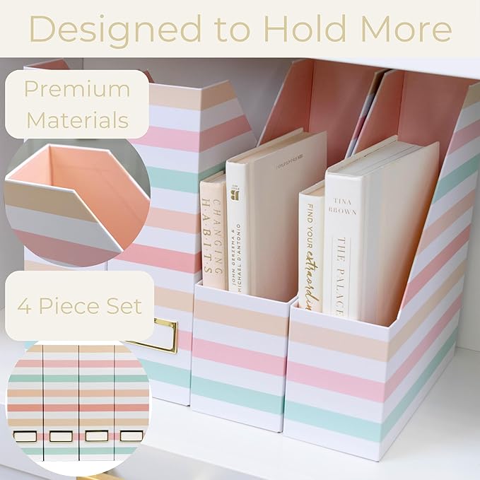 BLU MONACO | Cardboard Magazine File Holder Set of 4 | Vertical Magazine File Holder with Gold Label Slots | Standing File Holder and Cardboard Bins for Shelves Desk Classroom