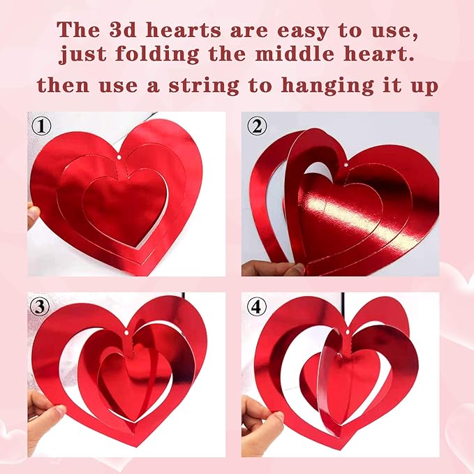 Deloky 32 Pcs Valentine's Day Heart Hanging Foil Decorations, Swirl Red Hearts Ornaments, 3D Heart Garland Ornaments for Valentine's Day Wedding Anniversary Tree Party Decoration