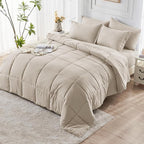 JOLLYVOGUE California King Comforter Set, Ultra-Soft Bed in a Bag Cal King Size 7 Pieces, Oeko-TEX Certified Bedding Set with Down Alternative Comforter, Sheets, Pillowcases & Shams, Oatmeal
