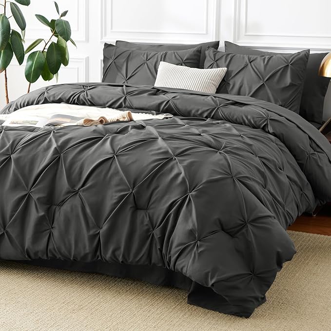 CozyLux Twin XL Comforter Set Dark Grey, 5 Pieces Twin Extra Long Pintuck Bed in A Bag for College Dorm, Pinch Pleat Bedding Set with Comforter, Sheets, Pillowcase & Sham