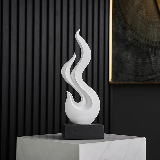 Modern Abstract Art Table Decoration, Gold Decor Flame Statue for Living Room Home, Black Shelf Decor Accents, Abstract Art Resin Sculpture for Dining Room, Office & Coffee Table Centerpiece (White)
