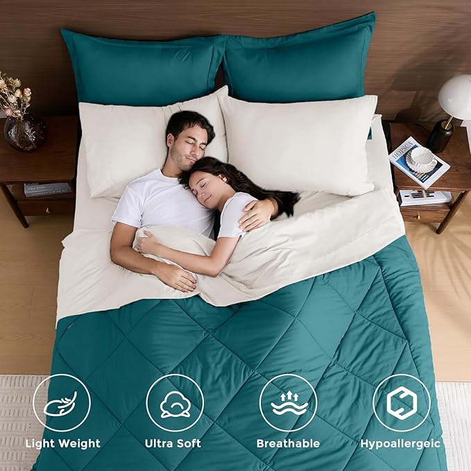 HEVUMYI Twin Comforter Set - 5-Piece All Season Bed in a Bag Twin, Ultra Soft Bedding Set with Comforter, Flat Sheet, Fitted Sheet, Pillowcases, Pillow Shams, Peacock Blue & Ivory