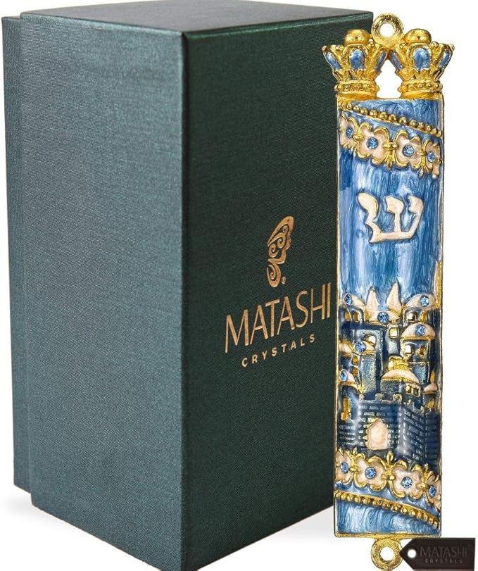 Matashi Hand Painted Mezuzah Gold Plated and Crystals (Blue Enamel Mezuzah Jerusalem City)