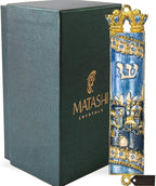 Matashi Hand Painted Mezuzah Gold Plated and Crystals (Blue Enamel Mezuzah Jerusalem City)