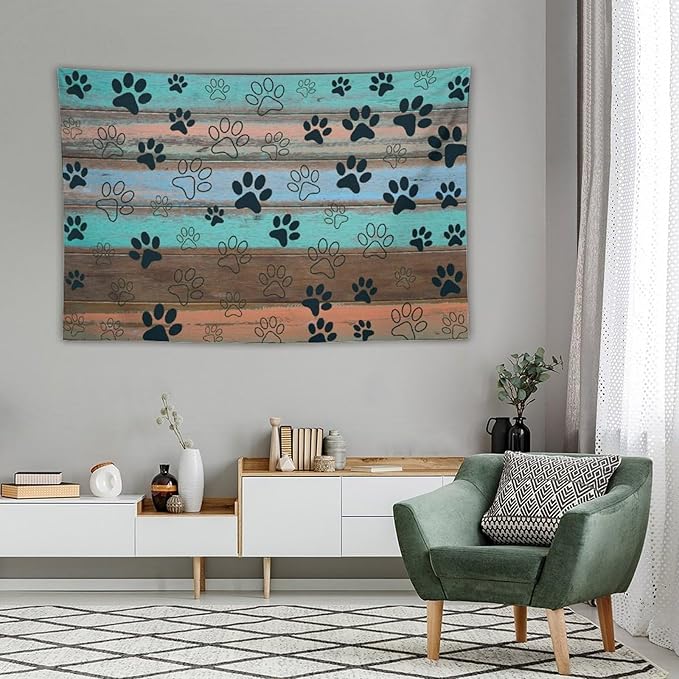 VUMIVI Dog Paw Print Tapestry Rustic Farmhouse Vintage Wood Paneling Home Decor Tapestry Wall Hanging for Living Room Bedroom Dorm Classroom Aesthetic Decor W60xL40in