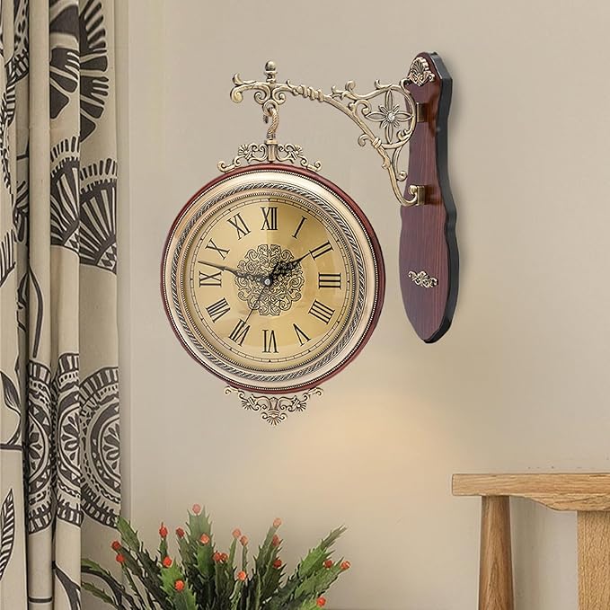 Coffee Double Sided Large Wall Clock, Elegant, Traditional, Vintage Style 360° Rotating Metal Wall Clock, Indoor Outdoor Office Living Room Porch Clock Wall Decor (Coffee Double Sided Clock)