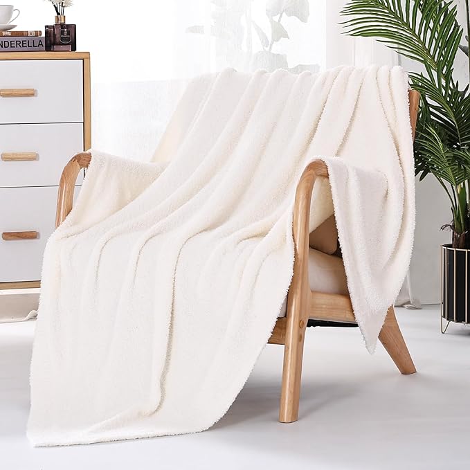 Panku Ultra Soft Cozy Knit Throw Blanket for Couch and Bed, Knitted Luxury Reversible Cozy Warm Fleece Blanket Throw, Plush Fluffy and Fuzzy Blankets for Gift (50x60inch, Cream)