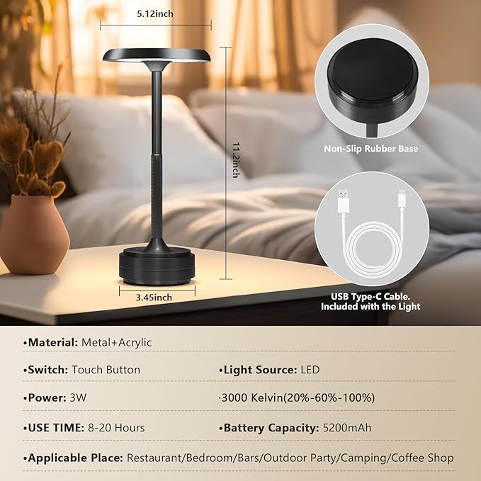 Rechargeable Cordless LED Table Lamps Touch Sensor Light, 3-Levels Portable Dimming Wireless Battery Operated Lamp，Nightstand Lamp/Night Light/Restaurant Table/Outdoor/Coffee/Bar (Black)