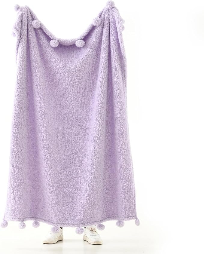 HORIMOTE HOME Ultra Soft Cozy Sherpa Throw Blanket with Pompom Fringe, Light Weight Warm Decorative Boho Style Plush Throw Blanket Cover for Couch, Sofa, Bedroom,Travel, Outdoor, 50”x60”, Purple