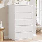 Modern 5 Drawer Dresser, 43" Tall Dressers for Bedroom, Fluted Dresser with Hidden Handle Design, Wood Mid Century Vertical Dresser Natural Texture for Bedroom, White Dresser