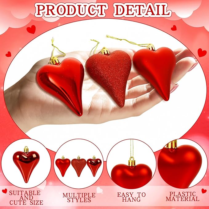 18 Pcs Valentines Tree Heart Ornaments Red Valentines Tree Decorations 3 Style 3.2" Heart Shaped Valentine Hanging Ornaments for Christmas Tree Wedding Party Decoration