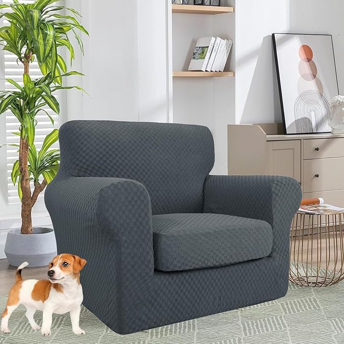 YEMYHOM Latest Checkered 2 Pieces Chair Covers for Living Room High Stretch Thickened Chair Slipcovers with Arms Anti Slip Elastic Armchair Sofa Couch Protector (Dark Gray), 31"-46"(1 Cushion)