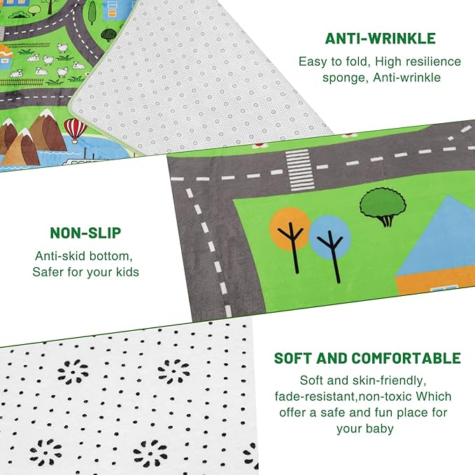 Kids Car Playmat, Kids Rug for Playroom Car Mat Town City Road Traffic Rugs, Play Mat for Floor, Extra Large Boys Kid Car Track Play Rug (Style Three, 59X 39.4 INCH)